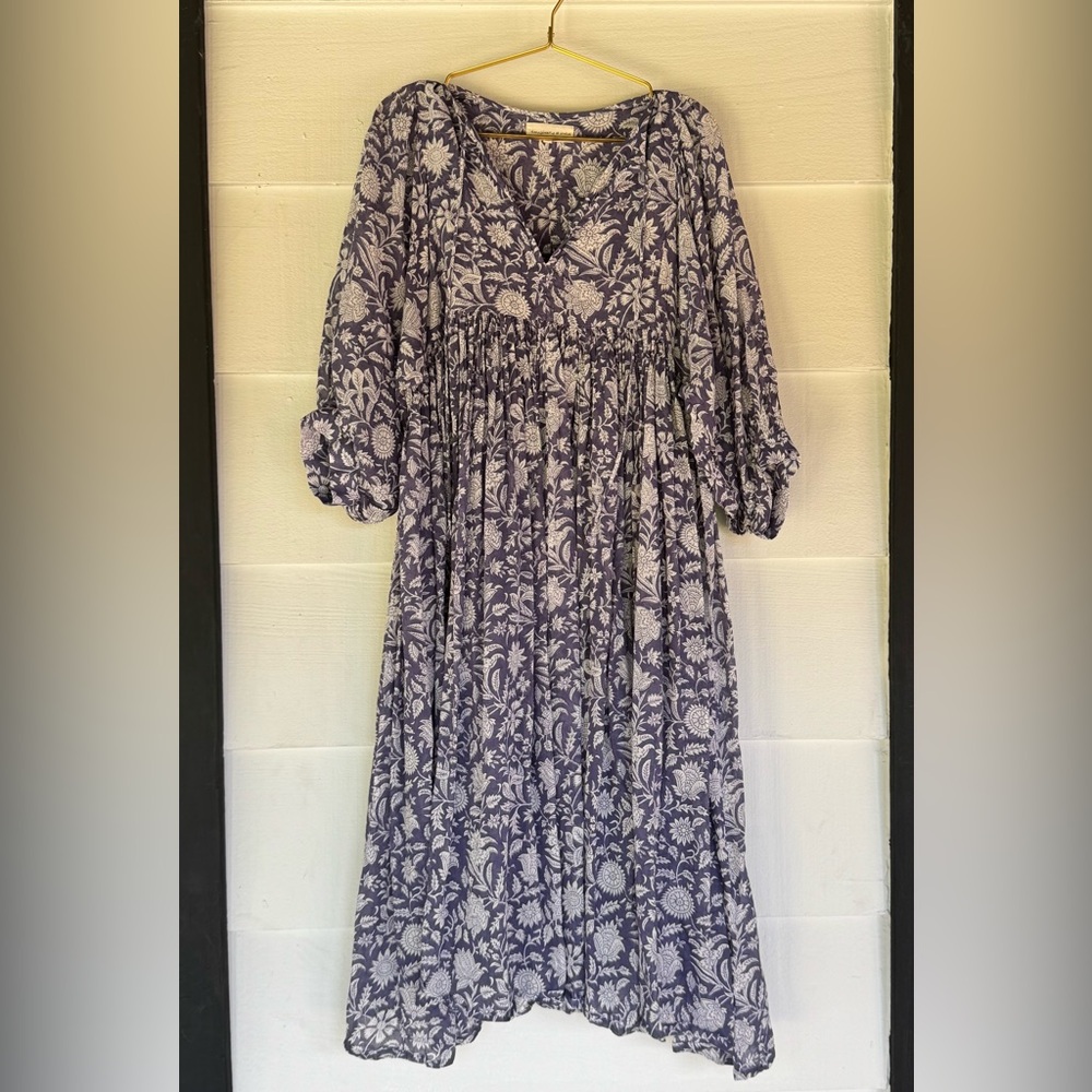 Daughters of India Navy Floral Tiered Maxi Dress with White Print